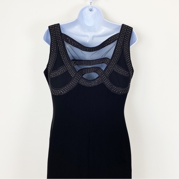 TAHARI ASL Black Full Length Gown Mesh Embellished Neckline Ruching Size 10 - Picture 4 of 6